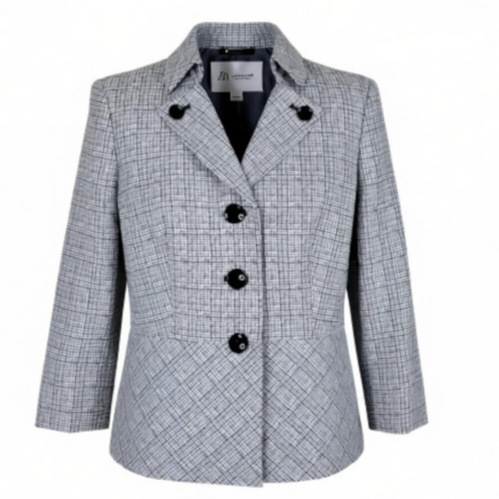Le Suit Blazer Size 8P Black White Textured Slit Cuff Lightweight 3/4 Sleeve
